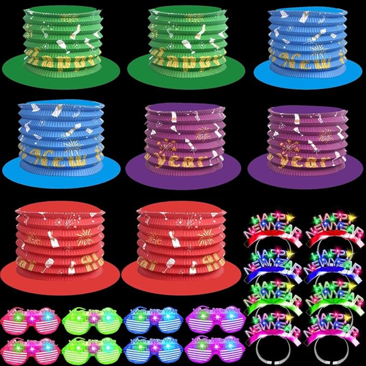 New Year's Eve Party Top Hat Accordion Hats for 2025 Happy New Year Eve Party Supplies Decorations Colorful Cardboard Fold Paper Hats for Costume Headwear